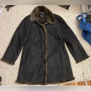 PLATINUM UTEX black ultra suede brown faux fur coat large l 12